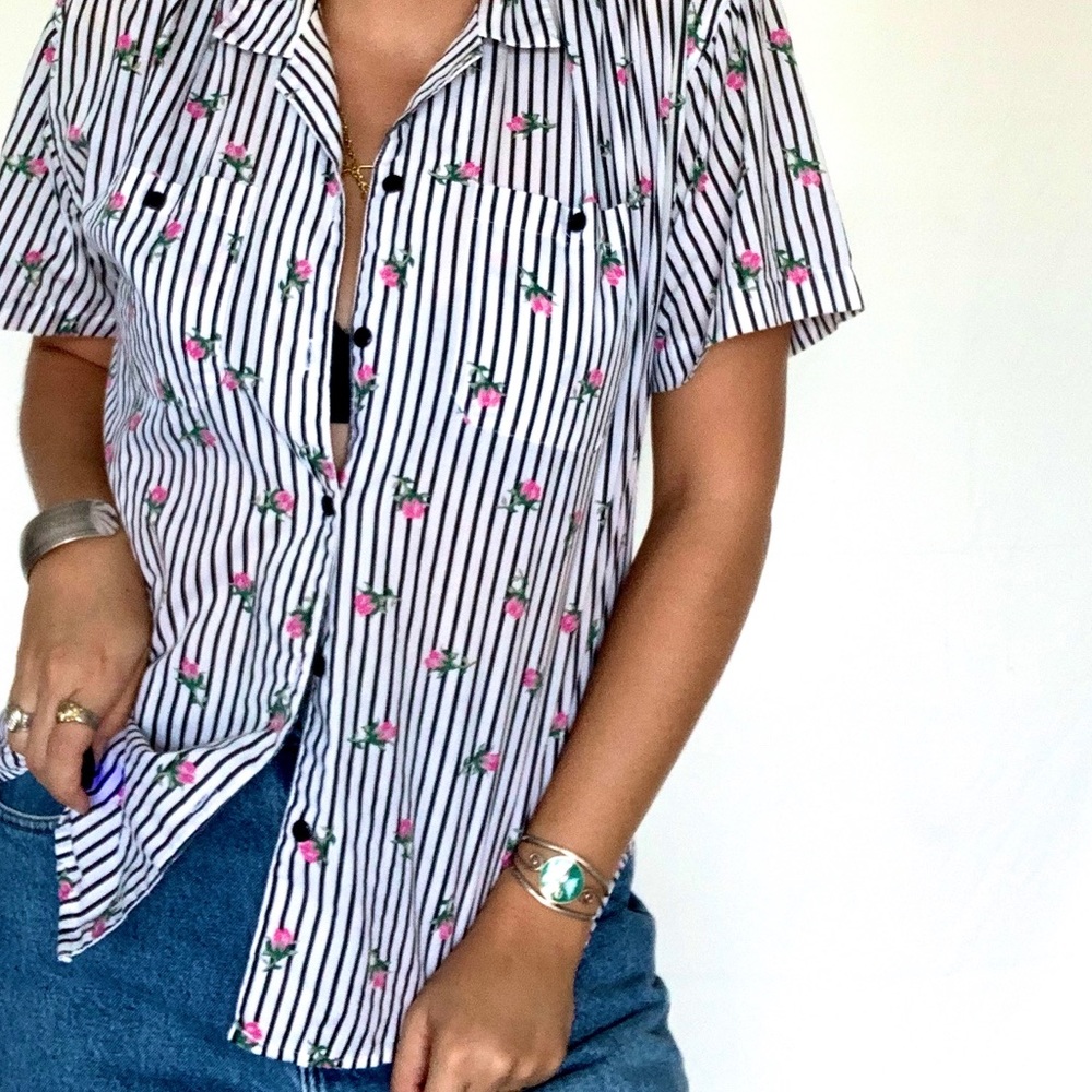 90s Vintage Black and White Striped Rose Top